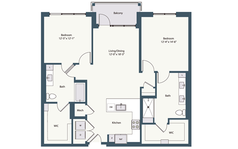 Floor plan for 2 beds, 2 baths, 1257 sqft